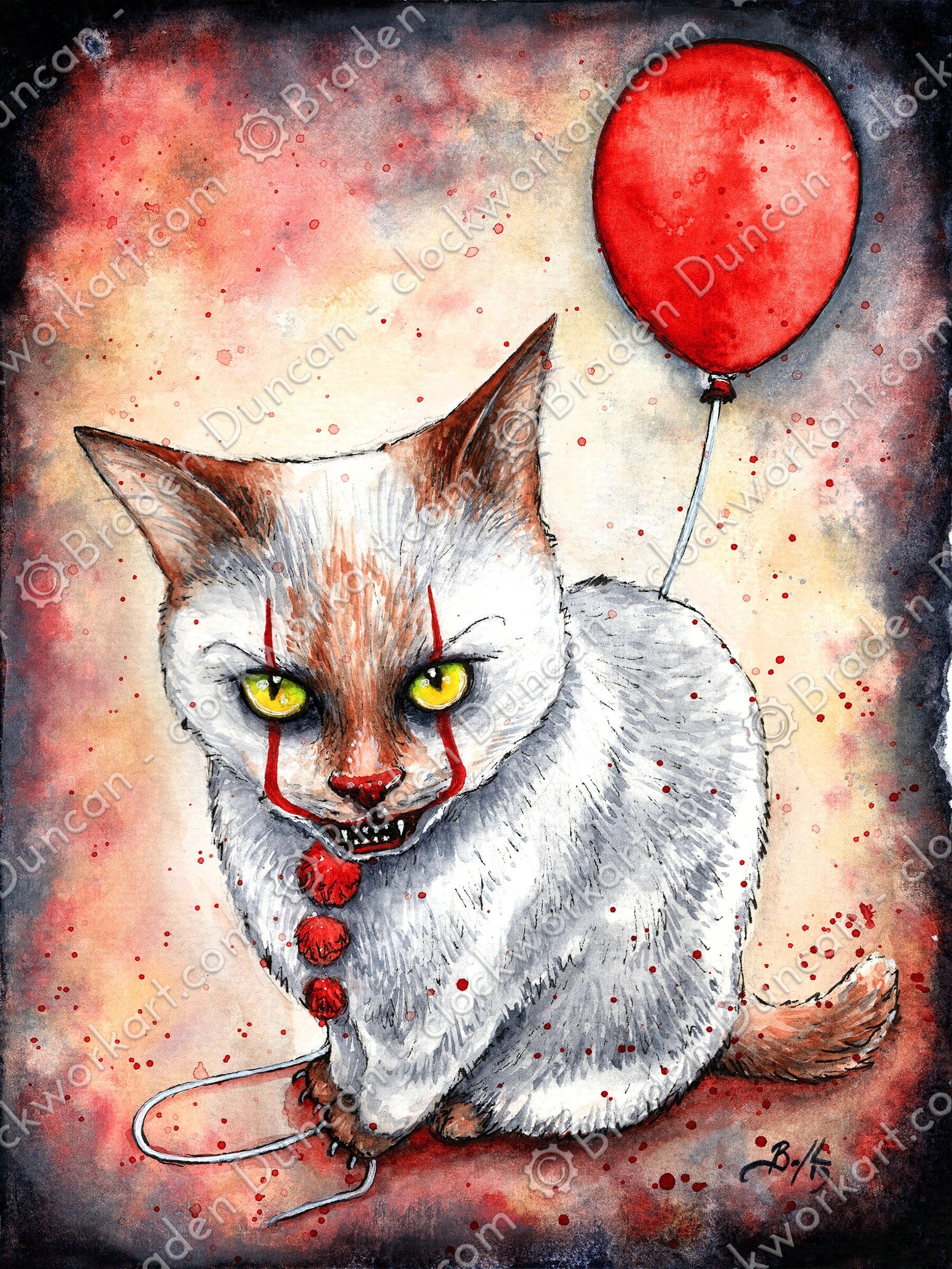 水彩画 チョウと見つめ合う子猫 絵画 makochin 通販 17402386