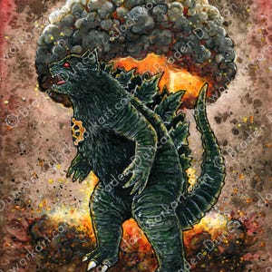 Catzilla: Fine Art Watercolour Cat Folklore Cryptid Kaiju Print