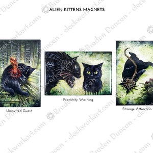 80s Alien Horror Kitten Magnets: Watercolour Sci-Fi Black Cat