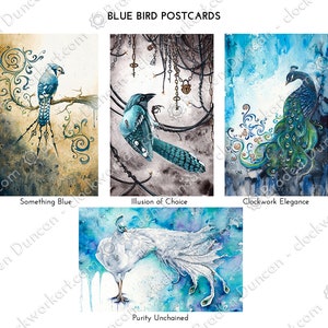 Postales de pájaros azules: arrendajo azul y pavo real, tarjetas de aves steampunk