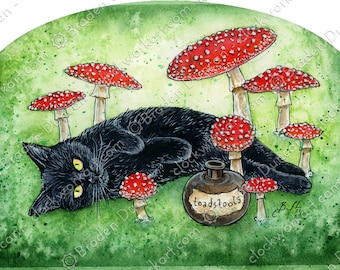 Fatal Fungi Feline: Toadstools - Watercolour Wicca Magic Black Cat Mushroom Print