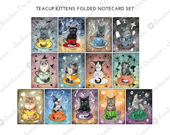 Teacup Kittens Folded Notecard Set - Halloween Victorian Steampunk Watercolour Cats