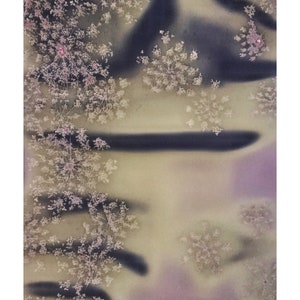 May include: Abstract art piece featuring a soft, blurred background in shades of yellow, purple, and gray. Delicate, white, floral-like shapes with pink centers are scattered across the surface, creating a dreamy, ethereal effect.