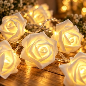 Op de afbeelding: Een lichtsnoer met LED-verlichting voorzien van meerdere witte, roosvormige kapjes. Elke roos wordt van binnenuit verlicht door een warm geel licht, wat zorgt voor een zachte gloed. De rozen zijn verbonden door een dun, flexibel, transparant snoer.
