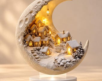 Peut inclure: Une sculpture en forme de croissant de lune représentant un village d'hiver miniature avec des maisons enneigées, de petits arbres et des lumières jaunes chaudes. La surface texturée de la lune présente des cratères sur un socle blanc.