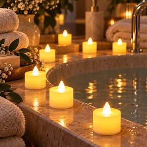 May include: A collection of small, round, white LED tea light candles with warm yellow flames. These battery-operated candles are arranged along the edge of a stone bathtub, emitting a soft, steady glow that reflects on the water surface.