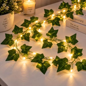 Peut inclure: Une guirlande de feuilles de lierre artificielles entrelacées avec des guirlandes lumineuses LED blanc chaud. Les feuilles en tissu vert ont la forme d'un feuillage de lierre et sont réparties uniformément le long d'un fil fin et flexible.