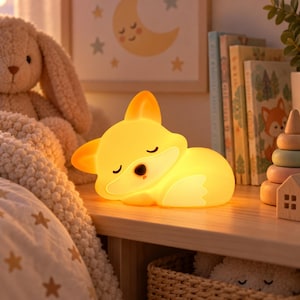 May include: A glowing, soft-touch silicone night light shaped like a sleeping fox. The lamp emits a warm, diffused yellow light, highlighting the fox's closed eyes, pointed ears, and small snout. It rests on a flat surface, casting a gentle glow.