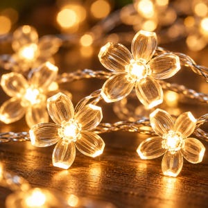 Puede incluir: Una cadena de luces LED decorativas con cubiertas transparentes en forma de flor de cinco pétalos. Cada flor translúcida alberga una luz blanca cálida en su centro, conectada por un cable plateado fino y flexible que crea un brillo suave.