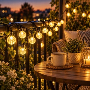 May include: A string of globe-shaped LED lights with a crackled glass texture draped along a black metal railing. The warm glowing lights are suspended on a dark cord, illuminating a wooden table with a ceramic mug and a small potted plant.
