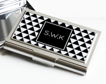 Triangle Print Business Card holder - square pattern business card case - personalised Graduation Gift - personalized coworker gift - P03