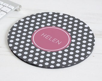 Polka Dot Print Mouse Mat – personalised mouse pad – round mousepad – desk accessories - personalized graduation gift - coworker gift - p06