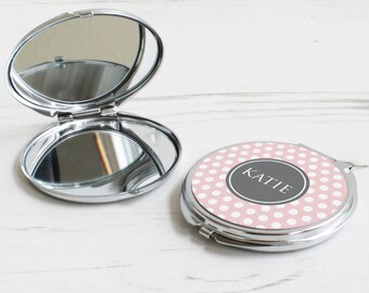 Polka Dot Print Mirror – personalised compact mirror – dot pattern mirror – personalised bridesmaid gift – personalized pocket mirror - P06