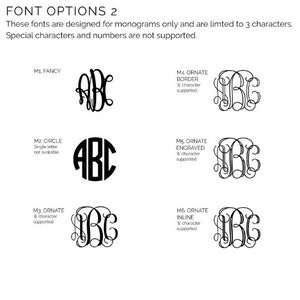 May include: Six different monogram font options for customizing a design. The fonts are labeled M1 through M6. Each font is shown with the letters ABC. The fonts include Fancy, Circle, Ornate Border, Ornate Engraved, Ornate and Inline.