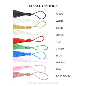 May include: A selection of tassel options in various colors, including black, white, gold, silver, red, green, blue, purple, pink, and rose gold.  The tassels are displayed against a white background.