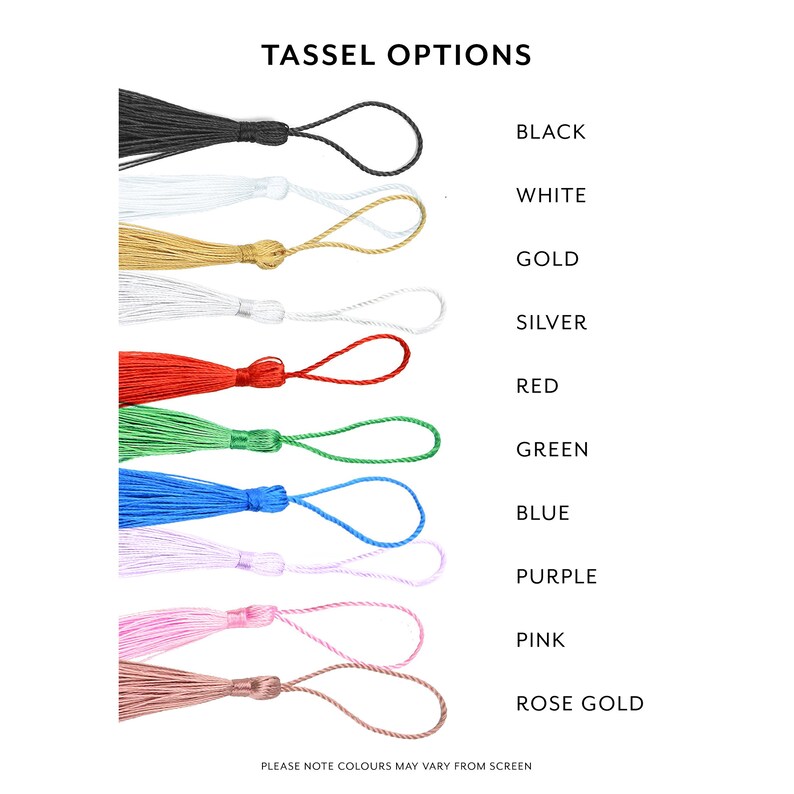 May include: A selection of tassel options in various colors, including black, white, gold, silver, red, green, blue, purple, pink, and rose gold.  The tassels are displayed against a white background.