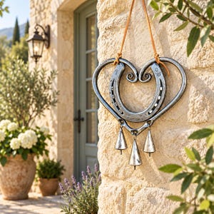 Peut inclure: Une décoration murale en forme de cœur fabriquée à partir d'un fer à cheval en métal gris foncé à la finition lisse et polie. L'objet est suspendu par un cordon en cuir beige et comporte trois petites clochettes coniques en métal.