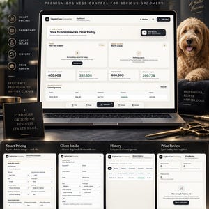 Może przedstawiać: Laptop wyświetlający interfejs pulpitu nawigacyjnego LighterCore Grooming ze wskaźnikami biznesowymi, obok mały znak z napisem A STRONGER GROOMING BUSINESS STARTS HERE, złote nożyczki oraz siedzący pies rasy golden doodle.