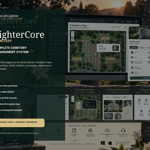 May include: LighterCore Cemetery is a digital management system for burial records, grave profiles, and interactive maps. The interface displays cemetery layouts, document storage, and reporting tools for small cemeteries, churches, and volunteer-led boards.