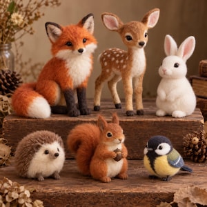 May include: A collection of six needle-felted animal figurines including a fox, a fawn, a white rabbit, a hedgehog, a squirrel holding an acorn, and a small bird with yellow, black, and blue plumage, all arranged on a wooden surface.