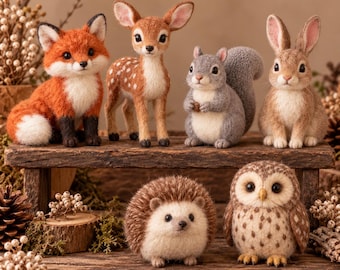 Naaldvilt bosdieren set, miniatuur wollen vos, hert, grijze eekhoorn, konijn, chipmunk en uil, rustieke bosdieren beeldjes