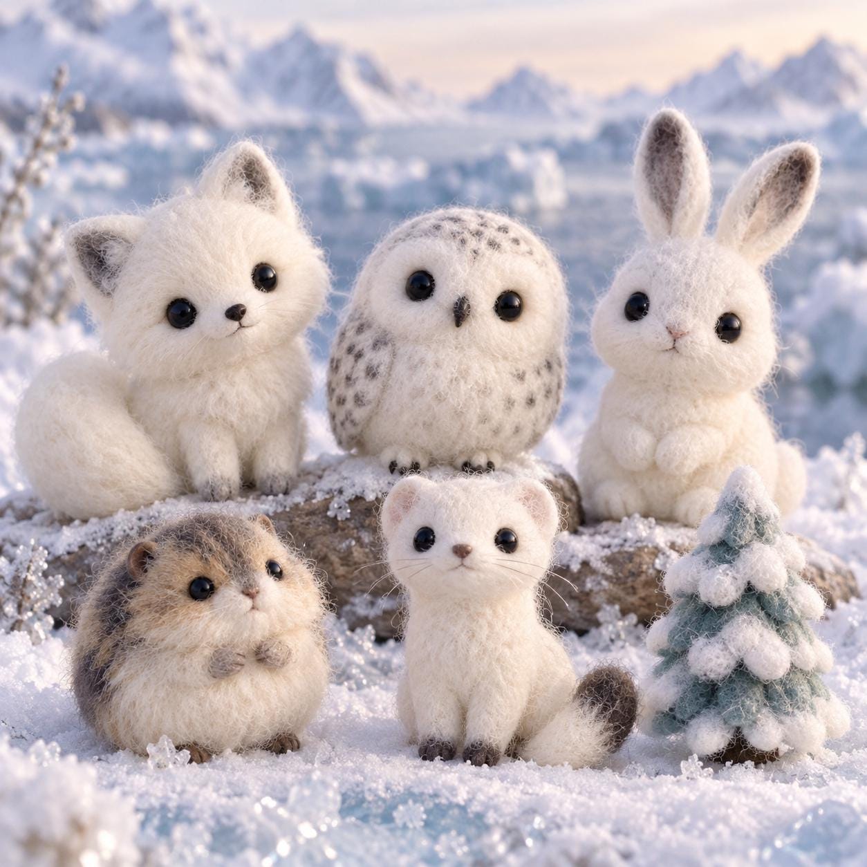 Needle Felted Winter Woodland Animals Set, Handmade Wool Arctic Fox Owl Bunny Mouse Figurines, Snowy