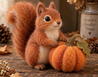 Nadelfilz-Eichhörnchenfigur, Miniatur-Eichhörnchen aus Wolle mit Kürbis, Herbstdeko, niedliche Waldtierskulptur, handgefertigtes Geschenk
