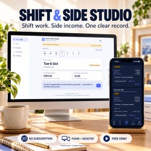 Puede incluir: Un monitor de computadora y un teléfono inteligente que muestran la interfaz del software Shift & Side Studio. La pantalla muestra datos de seguimiento financiero, incluidos pagos estimados, fechas y resúmenes de ingresos. El texto Shift & Side Studio es visible.