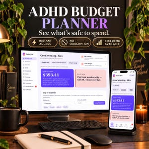 Peut inclure: Un écran d'ordinateur et un smartphone affichant l'interface du planificateur budgétaire ADHD Budget Planner. Les écrans présentent un tableau de bord avec un solde disponible de 393,41 $, le suivi des dépenses et des alertes. Texte : ADHD BUDGET PLANNER.