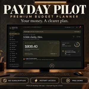 May include: A computer monitor displaying the Payday Pilot premium budget planner web application. The interface features a dark theme with gold accents, showing financial data, a balance of $808.40, and navigation menus. Text includes Payday Pilot, Premium Budget Planner, Your money. A clearer plan, and buttons for No Subscription, Instant Access, and Free Demo.