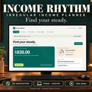 May include: A computer monitor displaying the Income Rhythm Irregular Income Planner web application. The screen shows financial planning tools, including an income buffer and a pay yourself amount of $830.00. Below the monitor are three buttons: No Subscription, Phone + Desktop, and Free Demo.