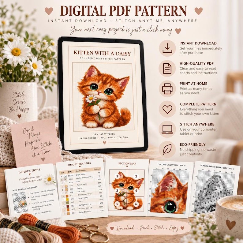 Kitten With Daisy Cross Stitch Pattern | Counted Chart (PDF Download ...