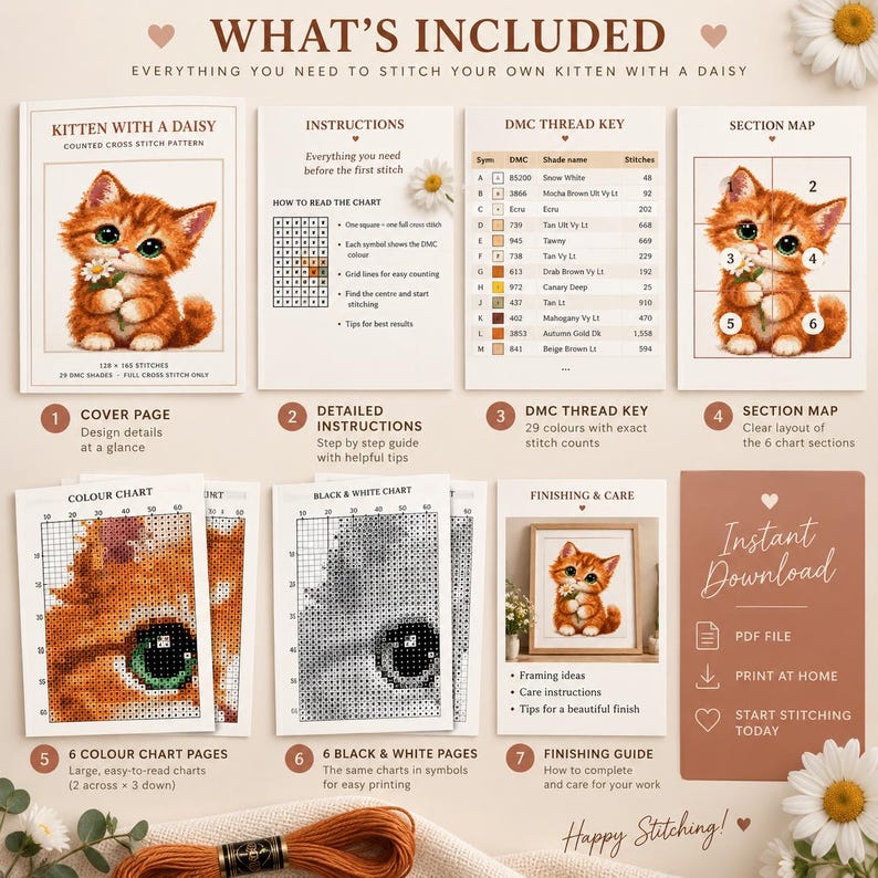 Kitten With Daisy Cross Stitch Pattern | Counted Chart (PDF Download ...