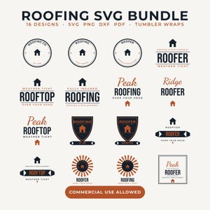 Può includere: Una collezione digitale di 16 design grafici a tema coperture con icone di case e testi come Roofing Co, Roofer e Peak Roofing. Il pacchetto include formati di file SVG, PNG, DXF e PDF, con un'etichetta che indica Commercial Use Allowed.