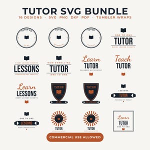 以下が含まれることがあります： TUTOR SVG BUNDLEというタイトルのデジタルグラフィックコレクションで、SVG、PNG、DXF、PDF形式の16種類のデザインが含まれています。このセットには、本をモチーフにした黒とオレンジのタイポグラフィロゴ、エンブレム、アイコンが多数含まれており、TUTORという文字がデザインされています。