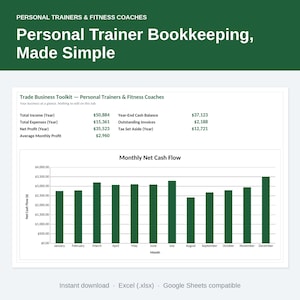 Peut inclure: Une feuille de calcul de comptabilité numérique pour entraîneurs personnels et coachs de fitness avec un en-tête vert portant le texte Personal Trainer Bookkeeping, Made Simple. Elle affiche des données financières et un graphique à barres.