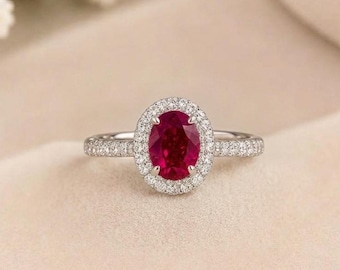 Oval Red Gemstone Ring, 925 Sterling Silver Halo Ring, Vintage Inspired Statement Ring, Red Stone Engagement Ring, Gift for Her