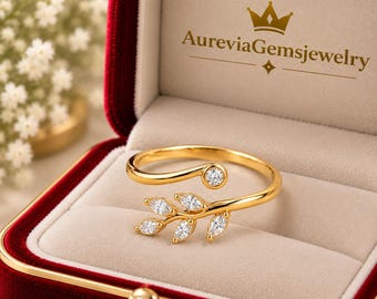 Gold Leaf Open Ring Botanical Adjustable Ring Nature Inspired Statement Ring Floral Vine Ring Elegant Gift For Her Sterling Silver Ring-CZ