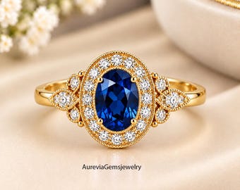 Blue Oval Gemstone Ring, Marquise Leaf Style stone, Gold Halo Ring, Vintage Statement Ring Christmas Gift Ring