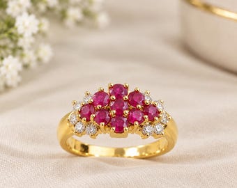 Ruby Cluster Ring, Nine Round Cut Ring, Floral Ruby Sterling Silver Ring Pink Gemstone Ring, Vintage Statement Ring Ruby Cocktail Ring