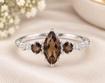 Smoky Quartz Ring Marquis cut Sterling Silver Ring Brown Gemstone Statement Ring Multi Stone Ring Anniversary Gift For Her Vintage Ring