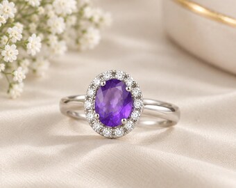 Oval Amethyst Ring, 925 Sterling Silver Halo Ring, Purple Gemstone Ring, February Birthstone Jewelry