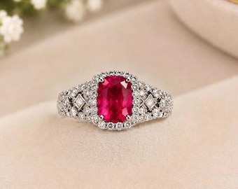 Ruby Red Gemstone Ring,952 Sterling Silver Halo Ring, Oval Ruby Ring, Vintage Inspired Statement Ring, Women’s Engagement Ring