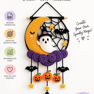 May include: A crochet pattern for a Halloween wall hanging featuring a yellow crescent moon, a white ghost in a purple hat, purple clouds, black bats, orange pumpkins, and yellow stars. The text reads Crochet Pattern, Halloween Wall Hanging, Spooky, Cute, Handmade, Create Your Own Spooky Magic, and Scroll Stopper.