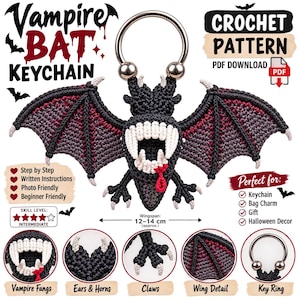 Puede incluir: Un patrón de ganchillo para llavero de murciélago vampiro en descarga PDF, con un murciélago gris oscuro, colmillos blancos, una gota roja y alas negras con detalles rojos. Incluye una anilla metálica y una envergadura de 12-14 cm.