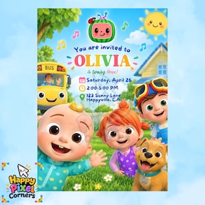 May include: A birthday invitation card featuring Cocomelon characters, a yellow school bus, and a sun in a grassy landscape. Text includes: You are invited to OLIVIA is turning three! Saturday, April 26, 2:00-5:00 PM, 123 Sunny Lane Happyville, CA.
