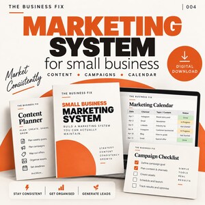 May include: A digital marketing system for small business featuring a content planner, marketing calendar, and campaign checklist. The white documents and laptop screen display orange and black text including "Market Consistently" and "Stay Consistent".