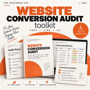 Op de afbeelding: Een digitale toolkit voor website conversie audits met een handleiding, auditnotities en een checklist. De witte en oranje documenten bevatten tekst zoals "Website Conversion Audit", "Audit Notes" en "Conversion Review".
