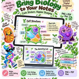May include: A digital sticker set for biology study notes featuring illustrations of cell structures, a DNA strand with sunglasses, a crowned cell character, and a stack of books labeled Cells, Genetics, Ecology, and Plant Biology on screens.