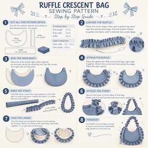 May include: A Ruffle Crescent Bag sewing pattern guide featuring eight numbered steps with illustrations. It includes diagrams for cutting fabric pieces, gathering ruffles, sewing the body, attaching straps, and lining, with finished dimensions in cm.